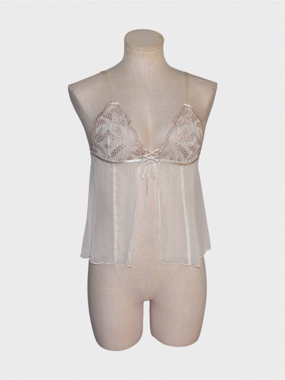 Victorias Secret Y2K Sheer Silk Mesh Embroidered Lace Babydoll Cami Lingerie Top